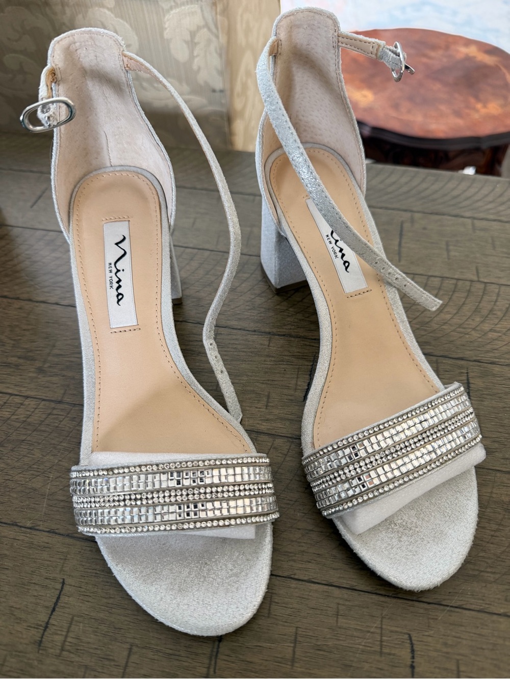 Nina Silver Beaded Open-Toe Block Heel Sandals